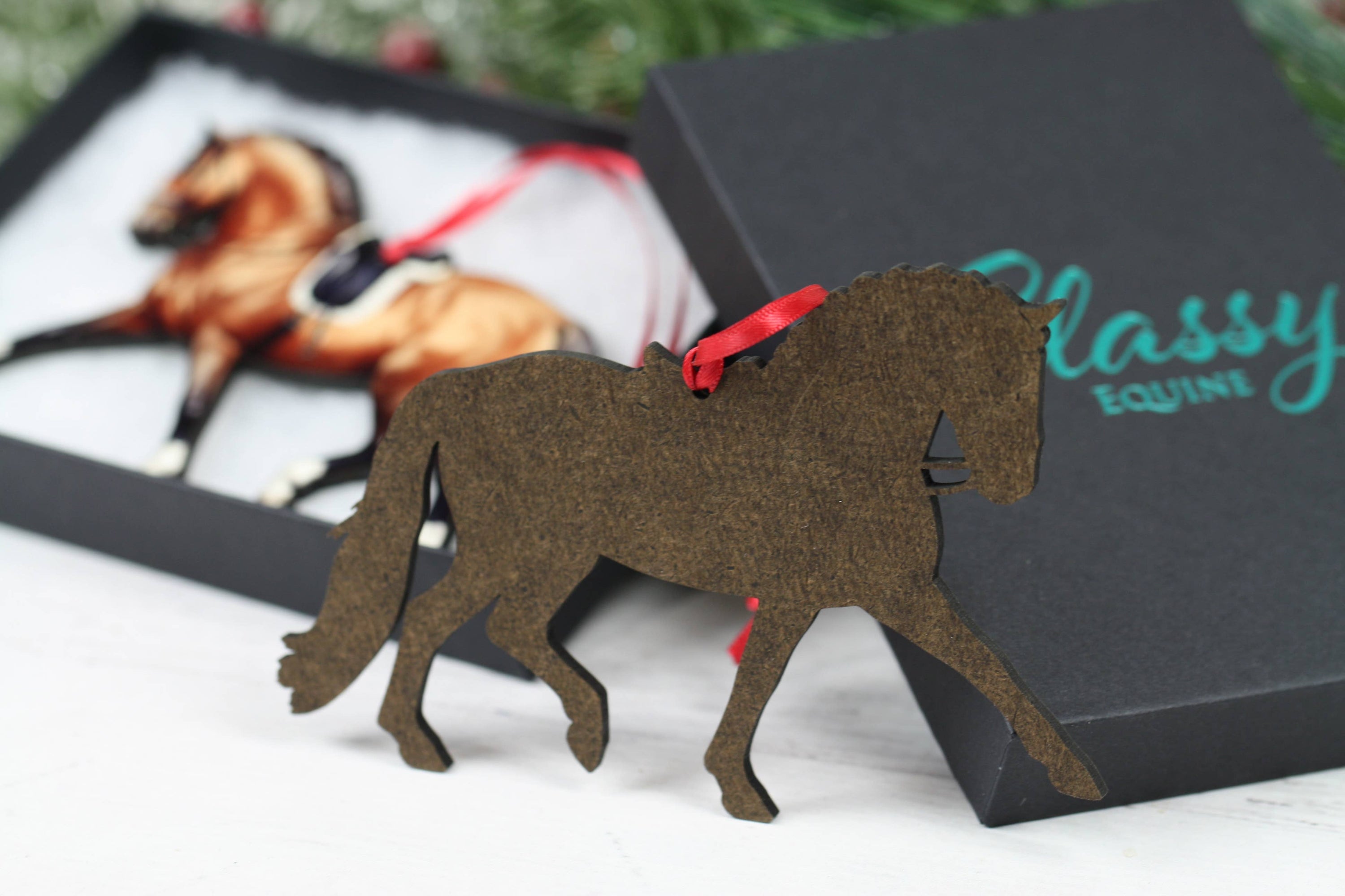 Dapple Gray Extended Trot Dressage Horse Ornament, handmade from composite wood with glossy finish, perfect for Christmas decor.