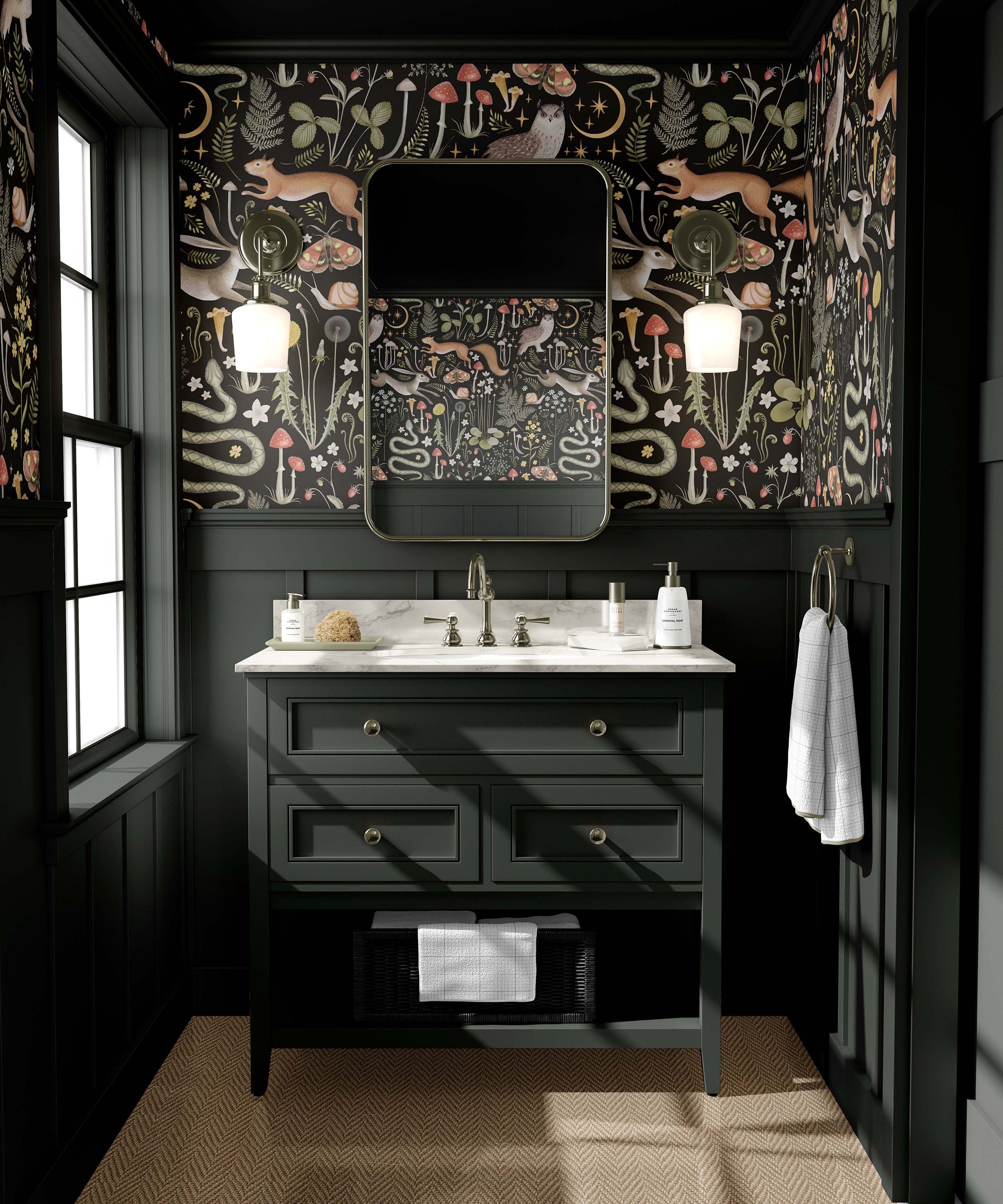 Dark Forest wallpaper featuring adorable animals in a serene woodland setting, perfect for children's rooms.