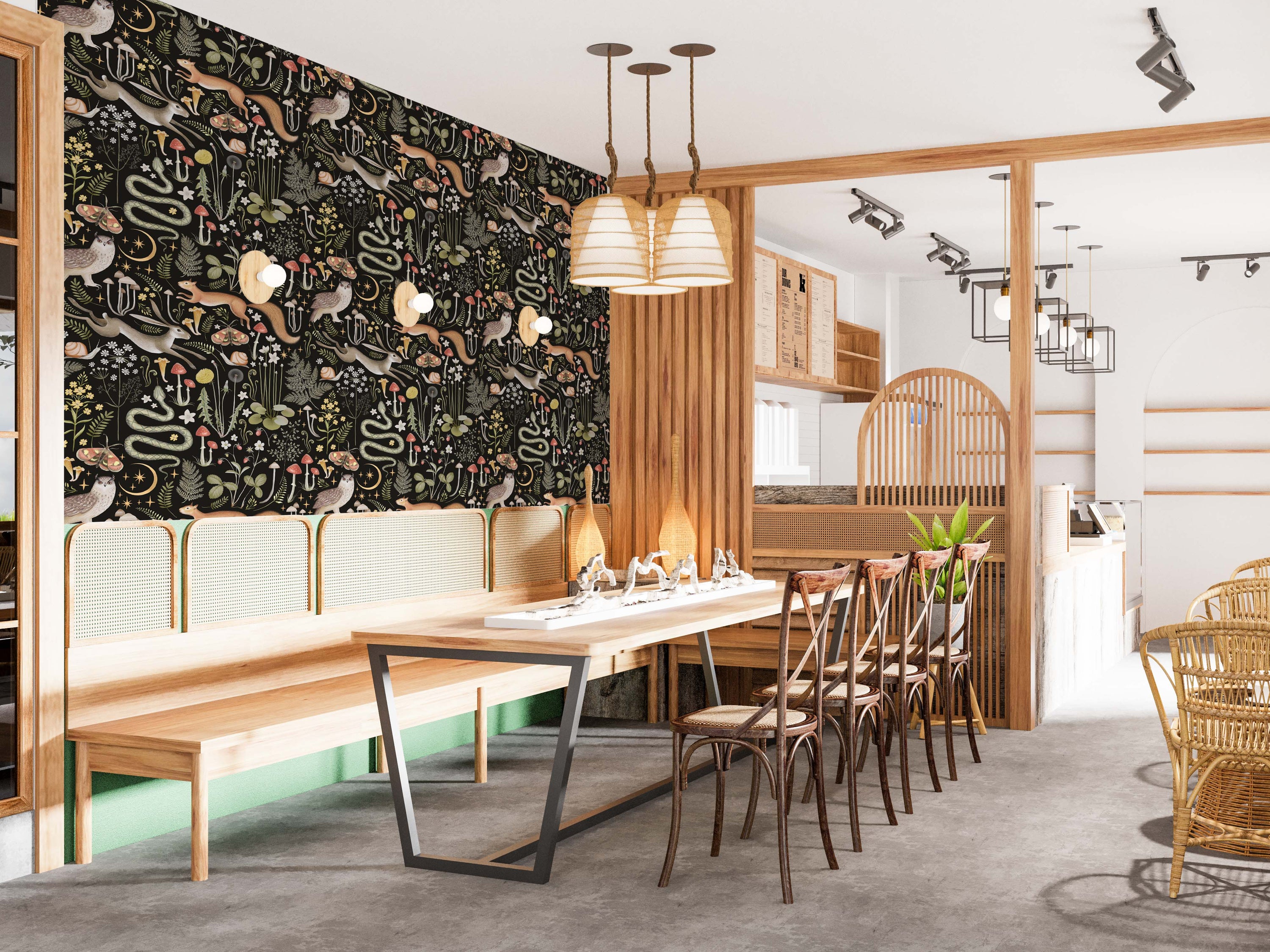 Dark Forest wallpaper featuring adorable animals in a serene woodland setting, perfect for children's rooms.