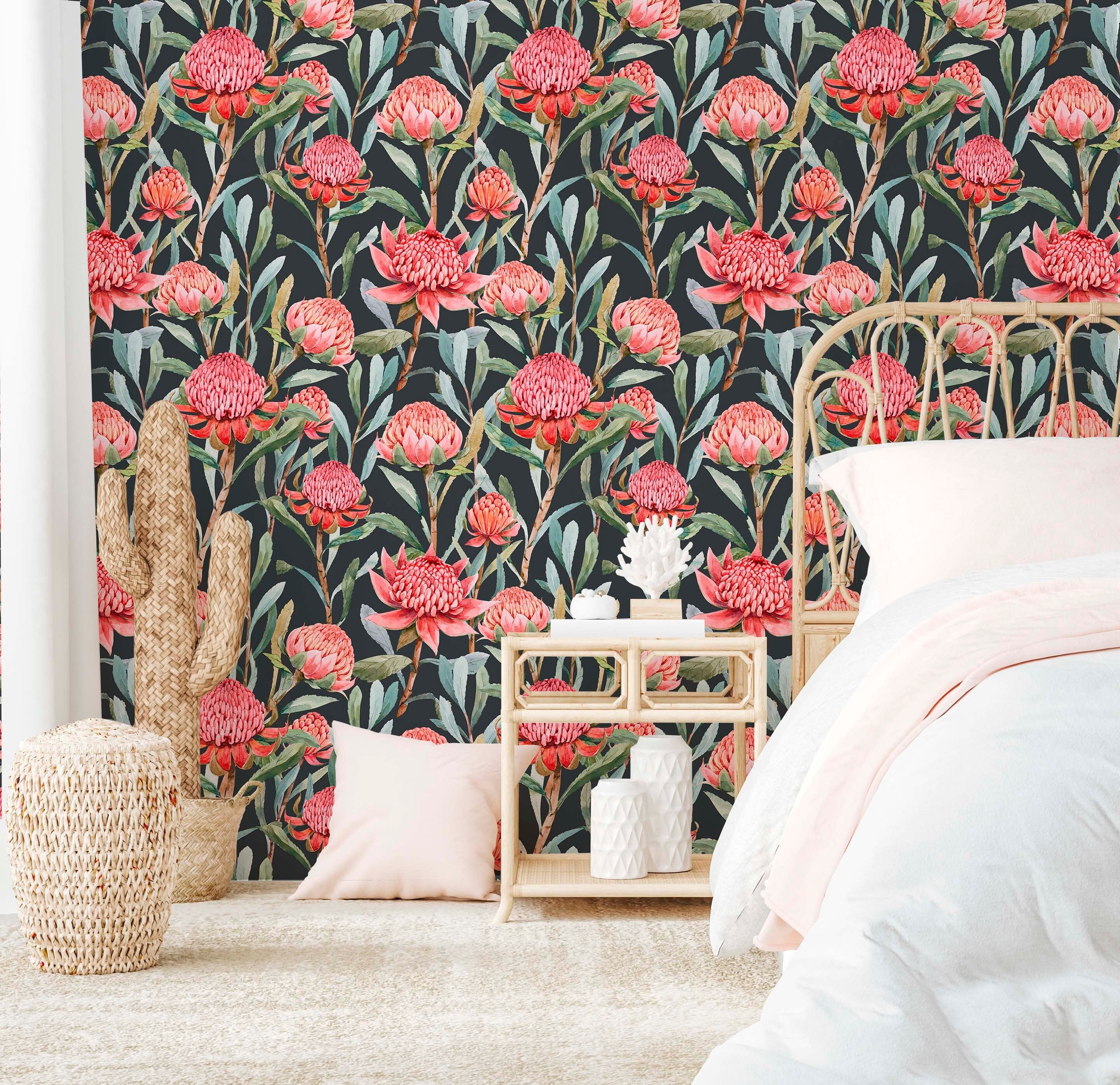 Dark Garden wallpaper featuring pink floral patterns on a textured background, perfect for home decor.
