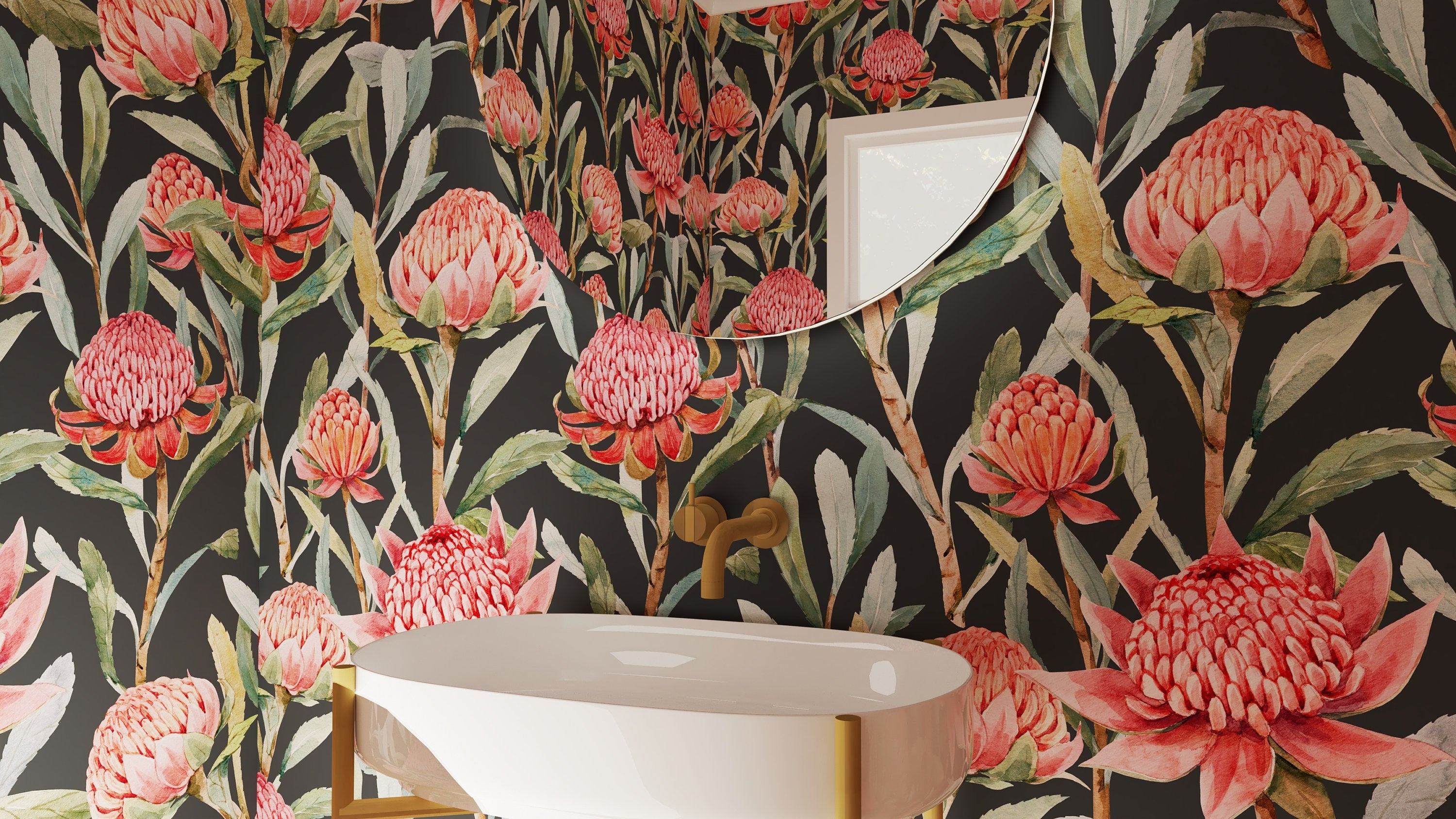 Dark Garden wallpaper featuring pink floral patterns on a textured background, perfect for home decor.