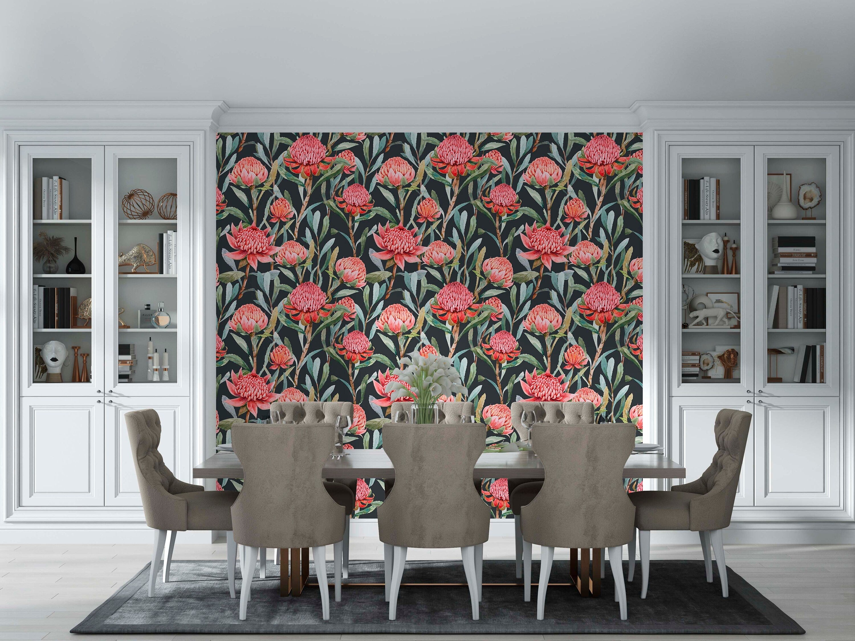 Dark Garden wallpaper featuring pink floral patterns on a textured background, perfect for home decor.