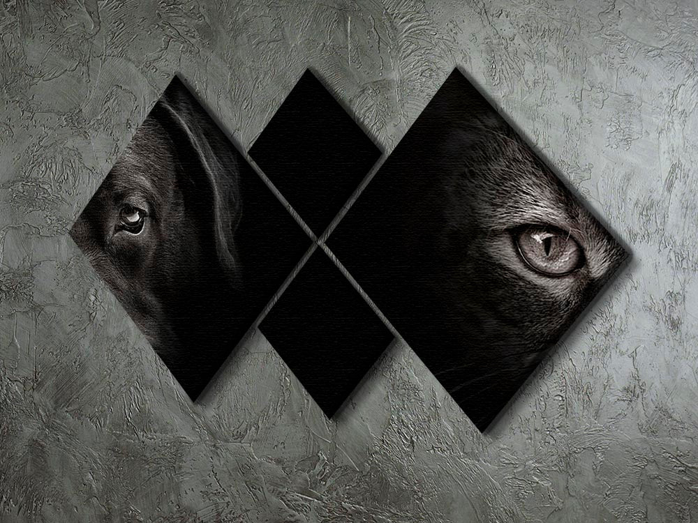 A beautiful 4-square canvas artwork featuring a dark muzzle Labrador dog and a cat, showcasing vibrant colors and intricate details.