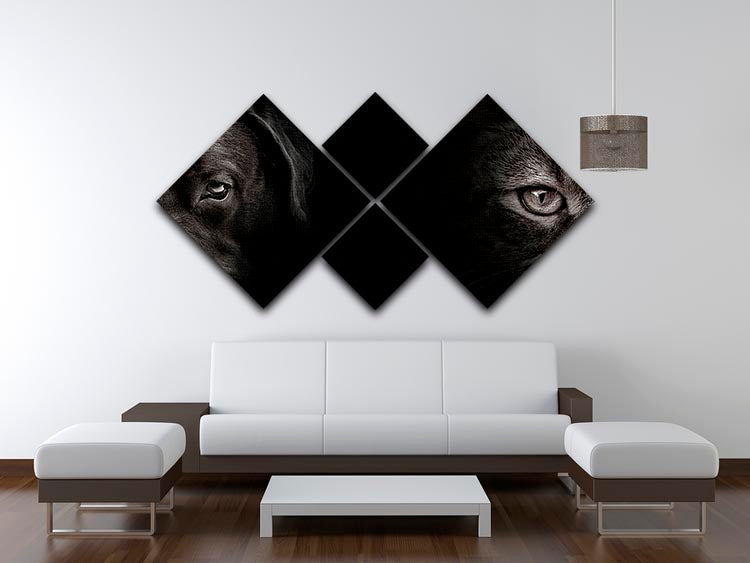 A beautiful 4-square canvas artwork featuring a dark muzzle Labrador dog and a cat, showcasing vibrant colors and intricate details.