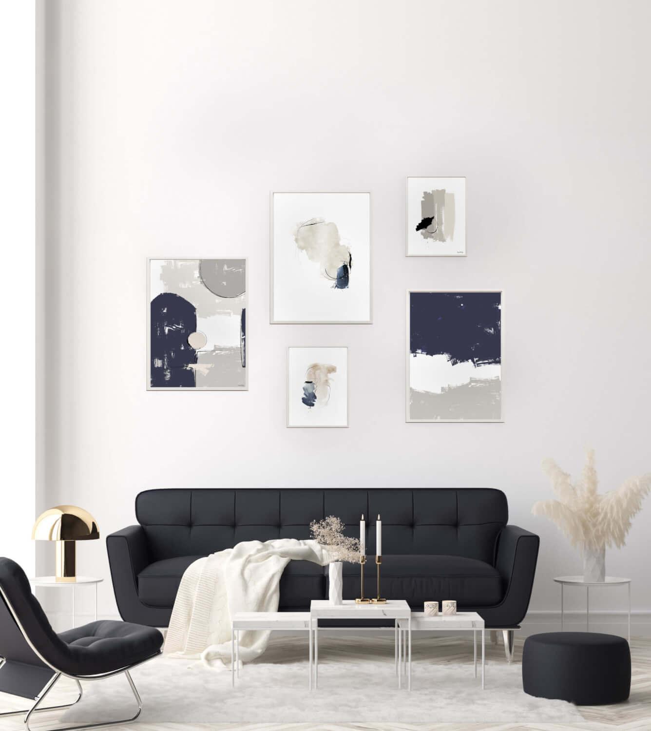 DASH2 juliste, moderni abstrakti taidejuliste sinisen, mustan ja beigen sävyissä, painettu mattakartongille.