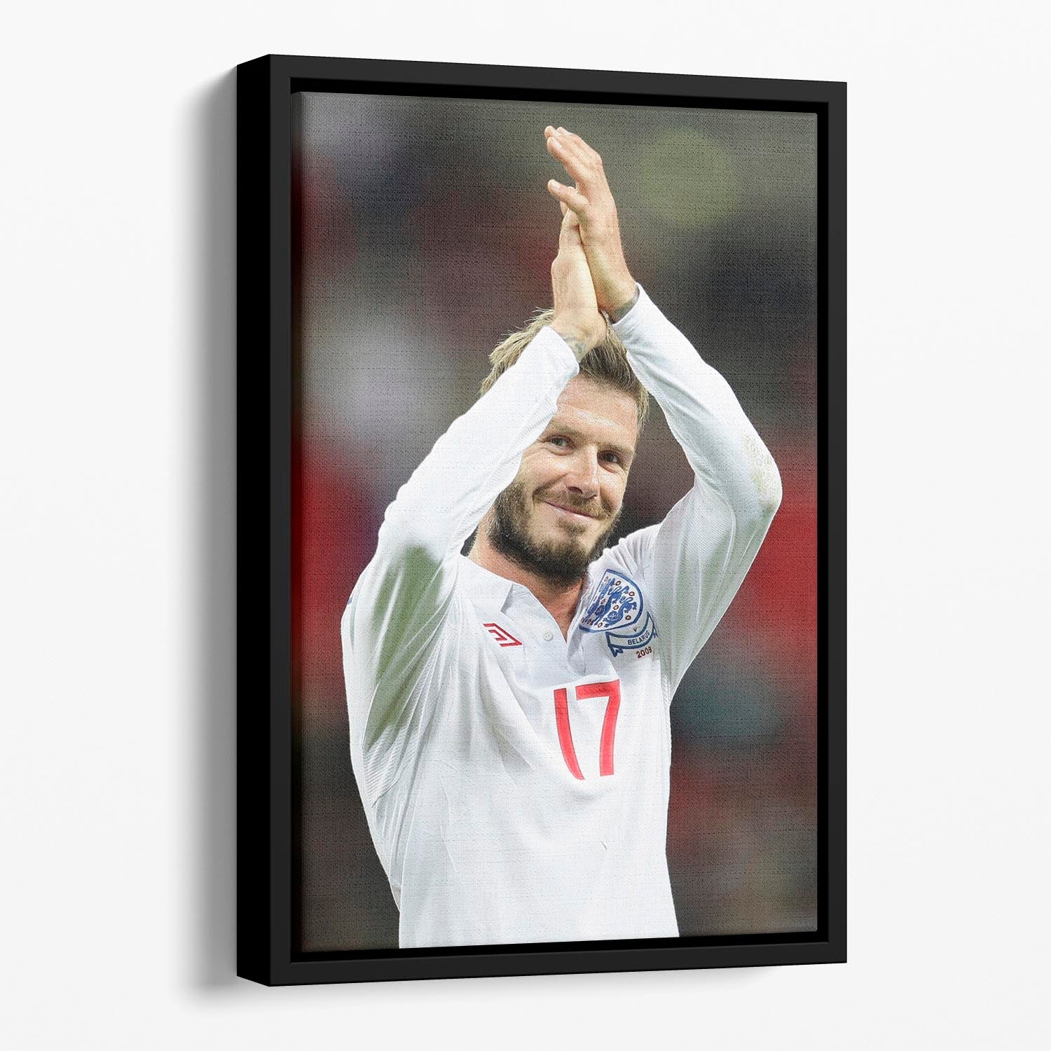 David Beckham playing for England, framed in an elegant floating canvas, showcasing vibrant colors and dynamic action.
