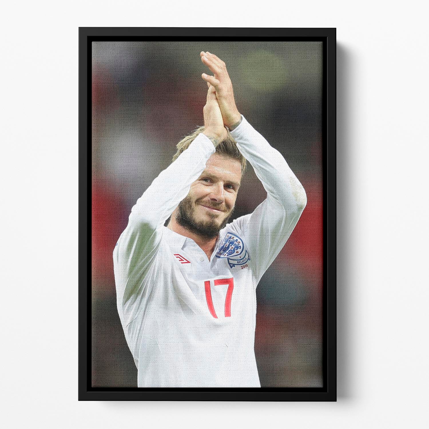 David Beckham playing for England, framed in an elegant floating canvas, showcasing vibrant colors and dynamic action.