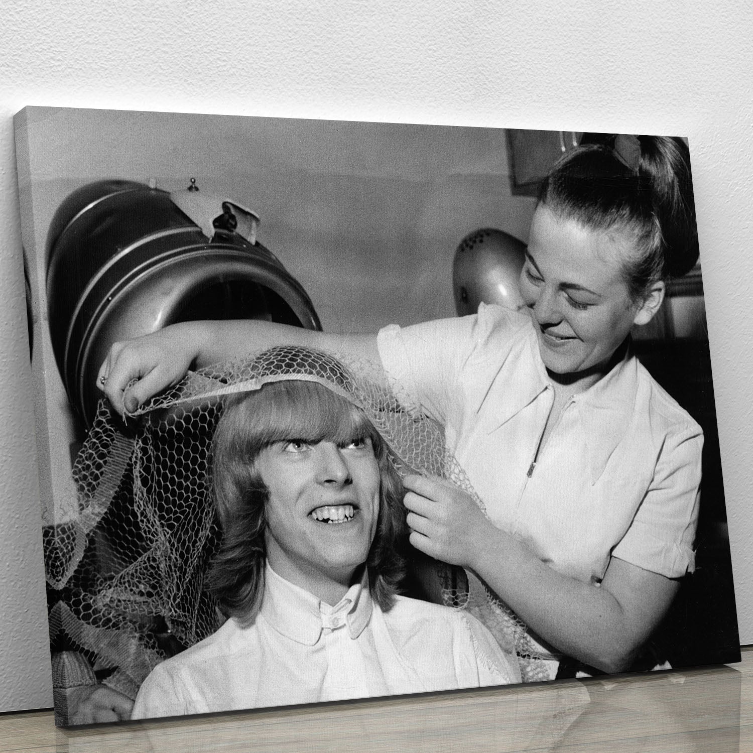 Canvas print of David Bowie getting a haircut, showcasing vibrant colors and iconic style.