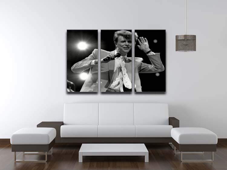 David Bowie in concert 3-panel canvas print showcasing vibrant colors and dynamic design, perfect for enhancing any living space.
