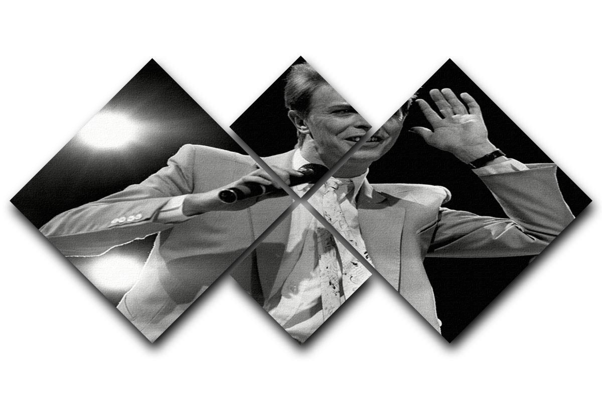 David Bowie in concert 4 Square Multi Panel Canvas artwork featuring vibrant colors and dynamic imagery across four panels.