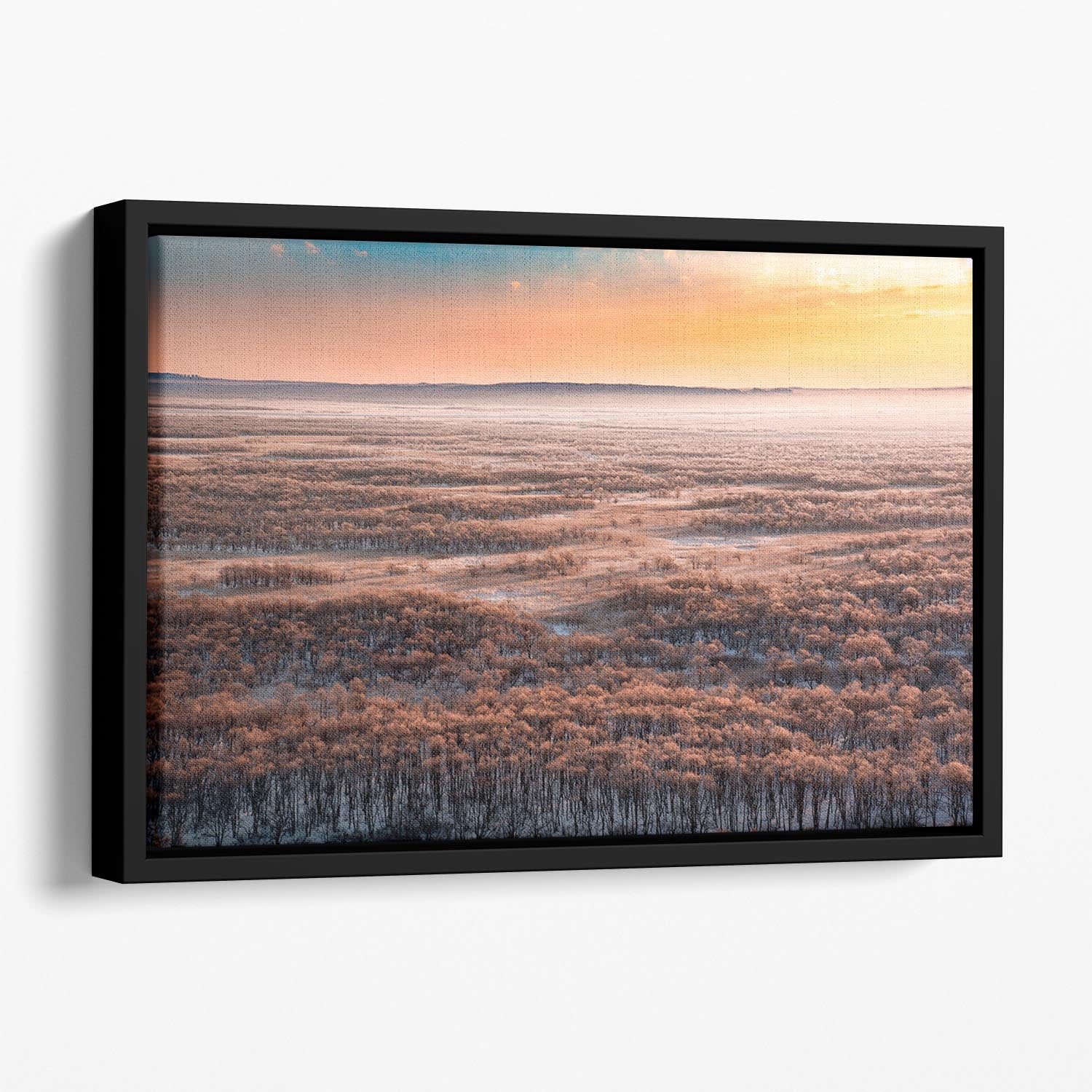 Dawn Floating Framed Canvas featuring vibrant abstract art in an elegant wooden frame, perfect for home decor.