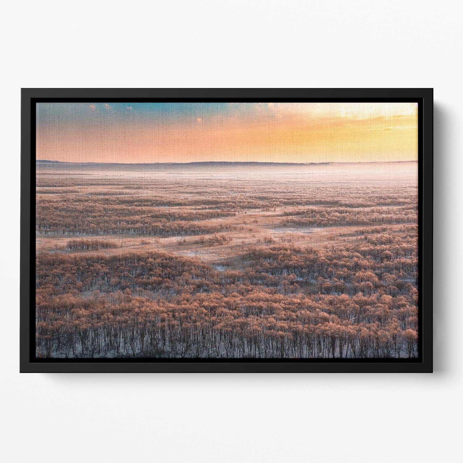 Dawn Floating Framed Canvas featuring vibrant abstract art in an elegant wooden frame, perfect for home decor.