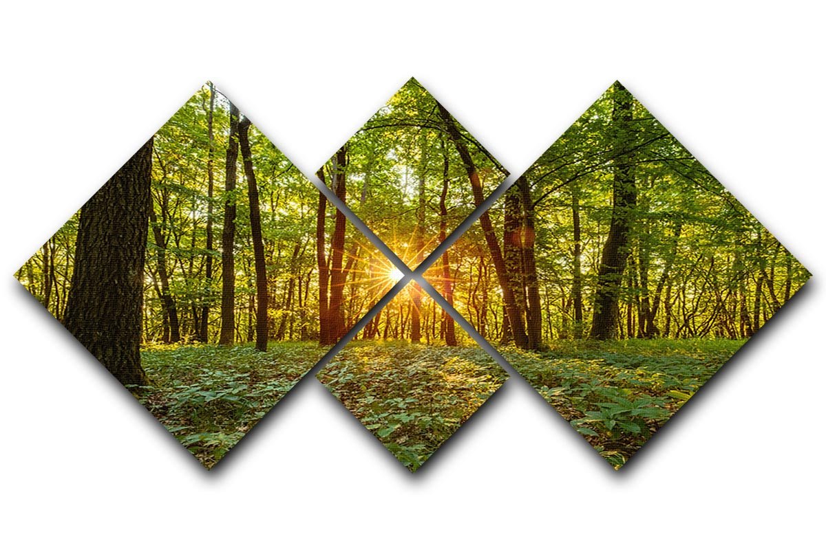 A beautiful multi-panel canvas artwork depicting a serene Bavarian forest at dawn, divided into four equal square sections.