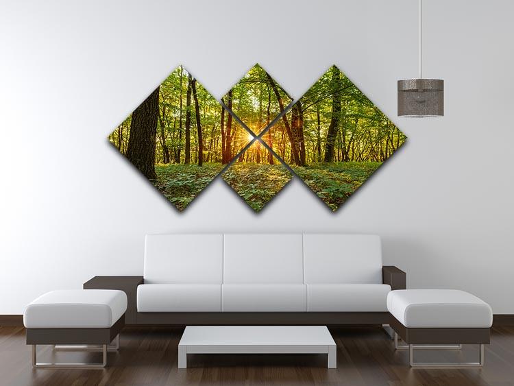 A beautiful multi-panel canvas artwork depicting a serene Bavarian forest at dawn, divided into four equal square sections.