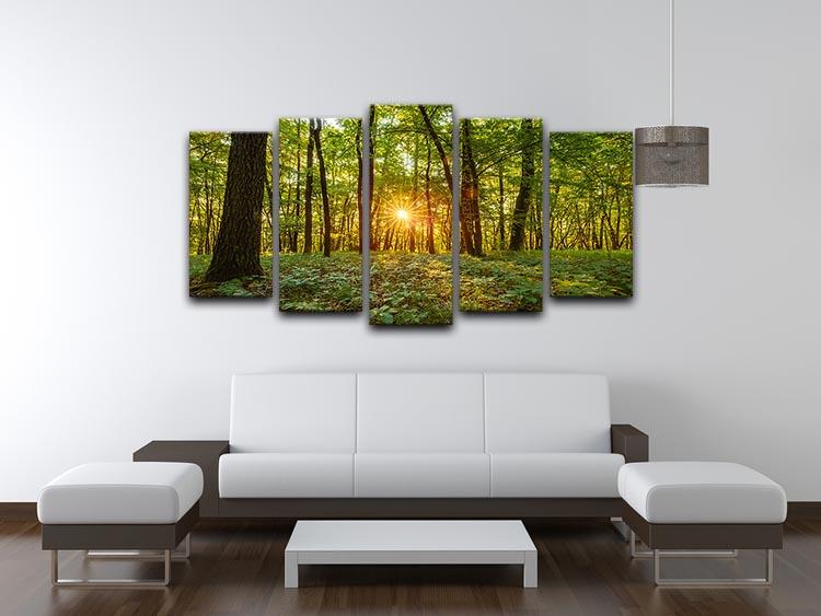A beautiful 5-split canvas artwork depicting a serene forest at dawn in Bavaria, showcasing vibrant colors and intricate details across five panels.