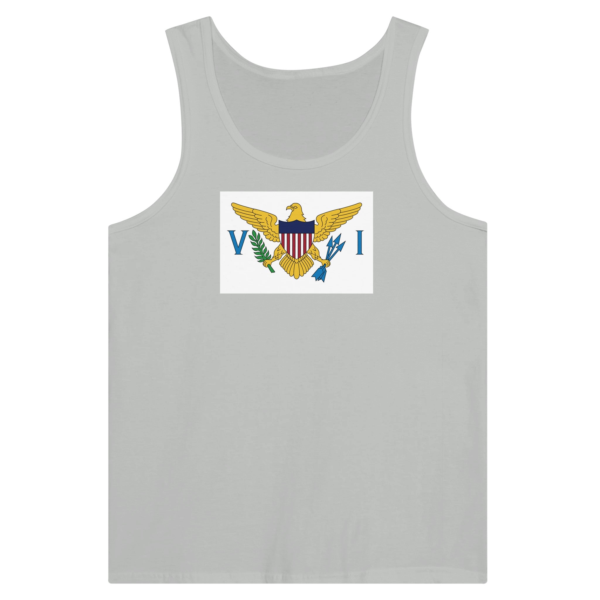 Débardeur Drapeau des Îles Vierges des États-Unis en coton, avec impression centrale colorée et design unique.