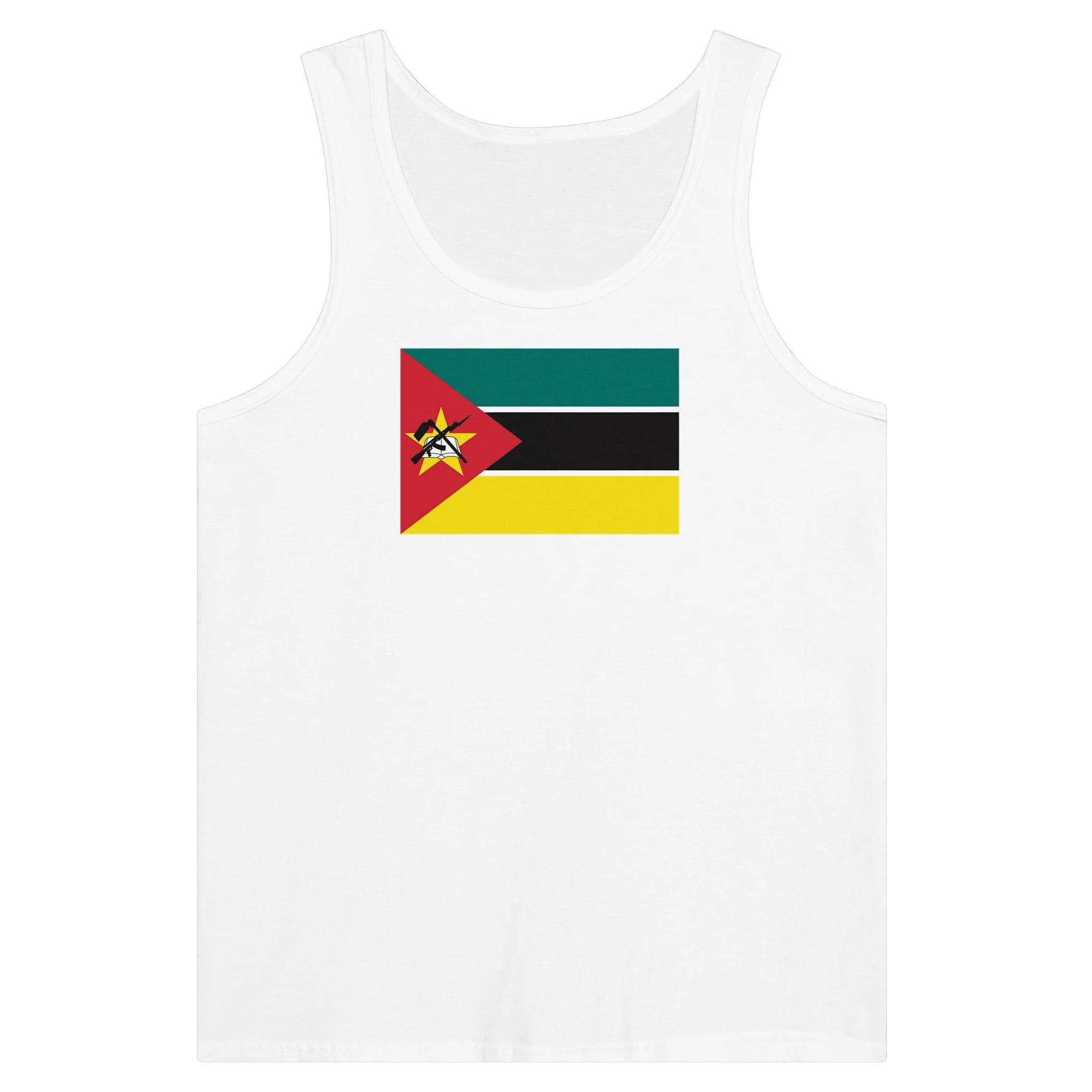 Débardeur Drapeau du Mozambique en coton, avec impression centrale colorée du drapeau, disponible en plusieurs couleurs.