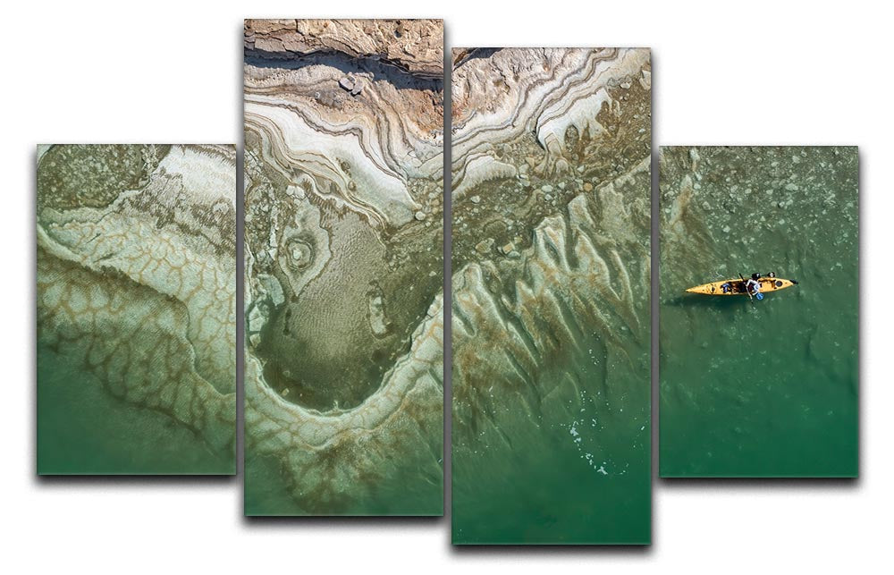 A vibrant 4-split canvas artwork featuring a kayaker on the serene waters of the Dead Sea, showcasing dynamic colors and a multi-dimensional effect.