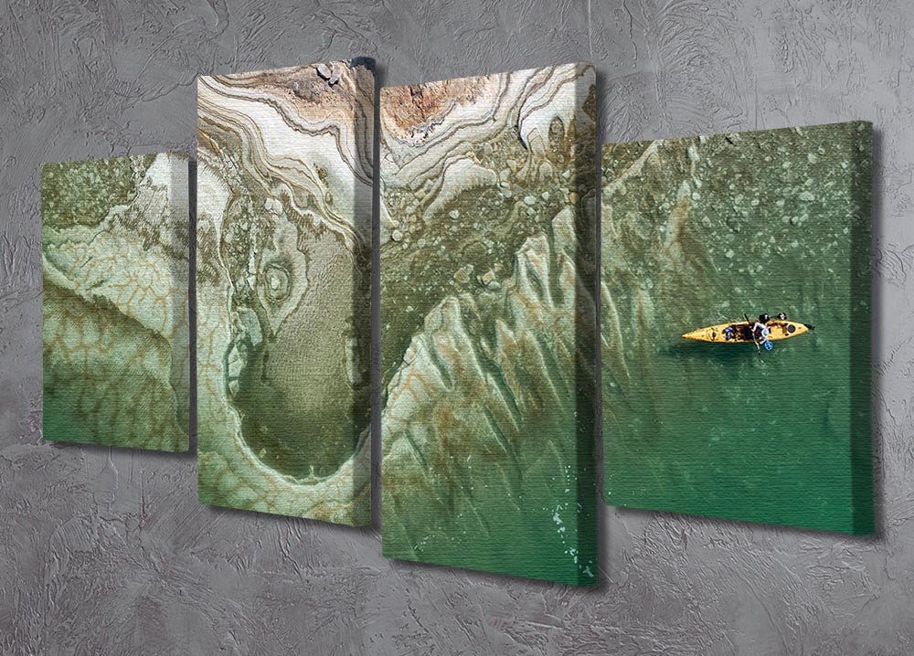 A vibrant 4-split canvas artwork featuring a kayaker on the serene waters of the Dead Sea, showcasing dynamic colors and a multi-dimensional effect.