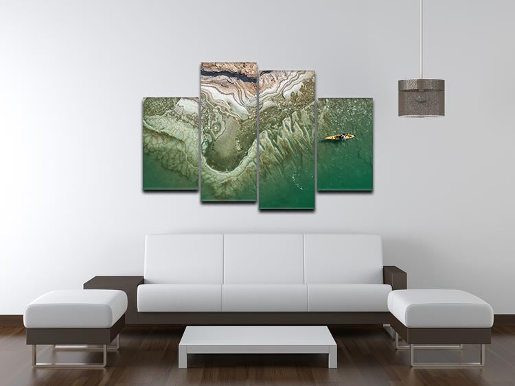 A vibrant 4-split canvas artwork featuring a kayaker on the serene waters of the Dead Sea, showcasing dynamic colors and a multi-dimensional effect.