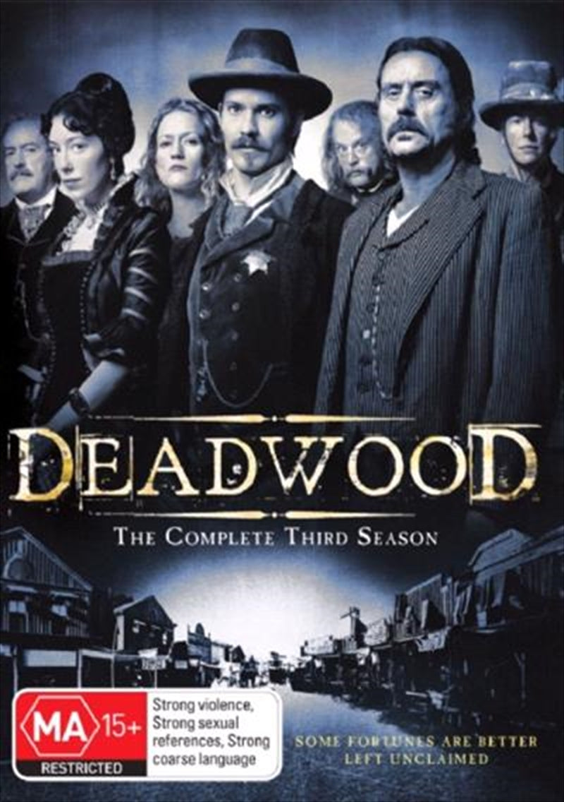 Deadwood Season 3 DVD cover featuring main characters in a dramatic Western setting.