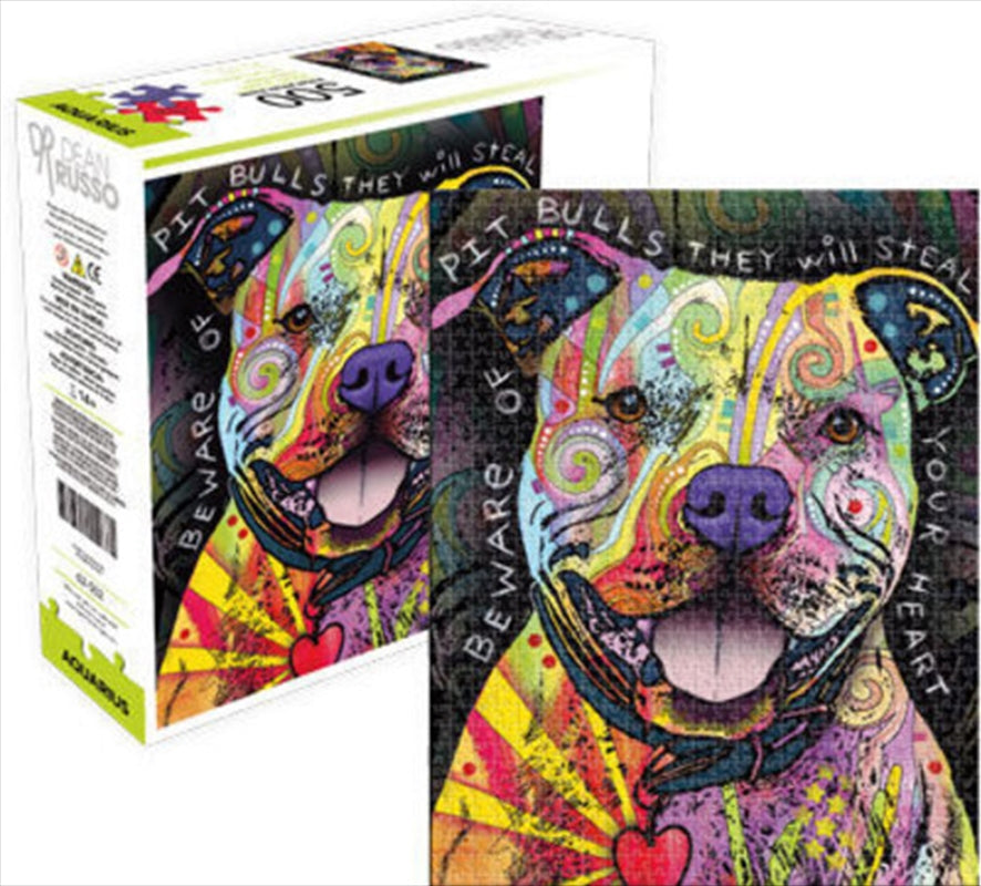 Dean Russo Pit Bull 500 Piece Puzzle featuring vibrant colors and intricate designs of a pit bull.