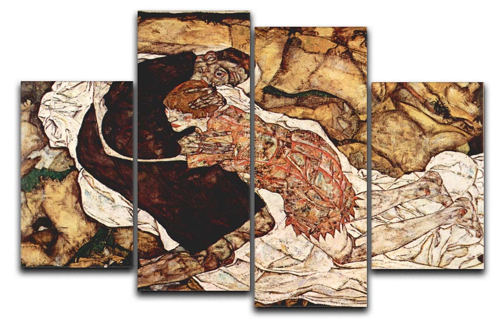 A 4-split canvas artwork featuring Egon Schiele's Death and the Woman, showcasing four panels that create a cohesive and dynamic visual experience.