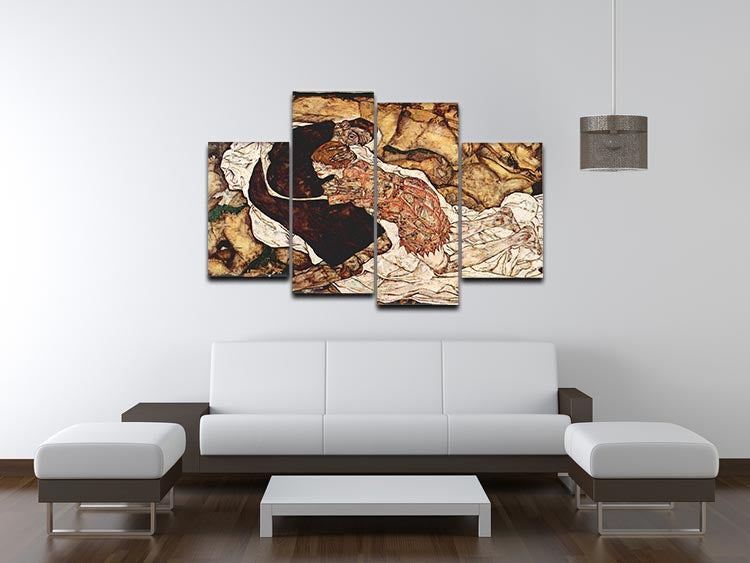 A 4-split canvas artwork featuring Egon Schiele's Death and the Woman, showcasing four panels that create a cohesive and dynamic visual experience.