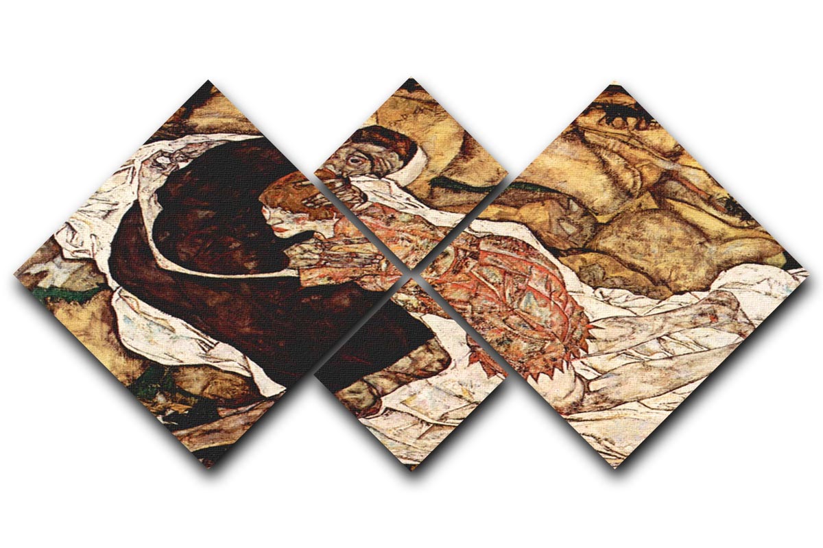 4-square multi-panel canvas featuring Egon Schiele's 'Death and the Woman', showcasing vibrant colors and intricate details.