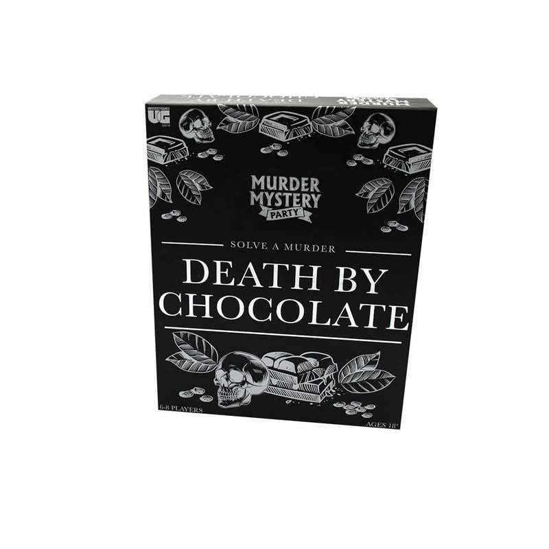 Death By Chocolate murder mystery game box featuring a vintage Parisian theme with chocolate elements.