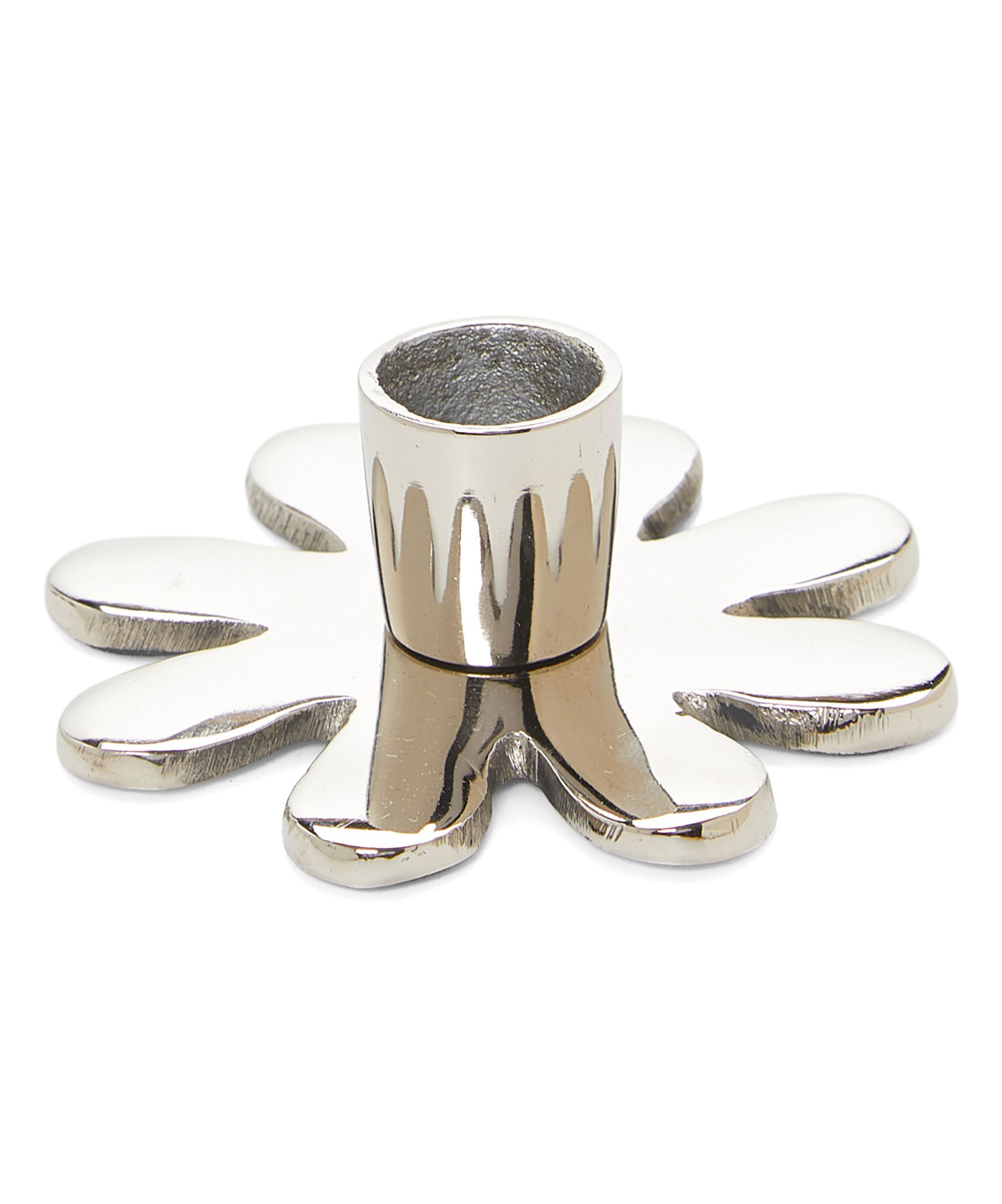Vibhsa Decorative Flower Candle Holder in silver finish, showcasing intricate flower design and shiny surface, perfect for home decor.