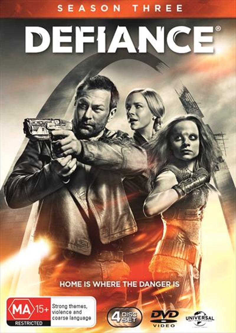 Defiance - Series 3 DVD cover featuring main characters in a dramatic pose, showcasing the sci-fi theme.