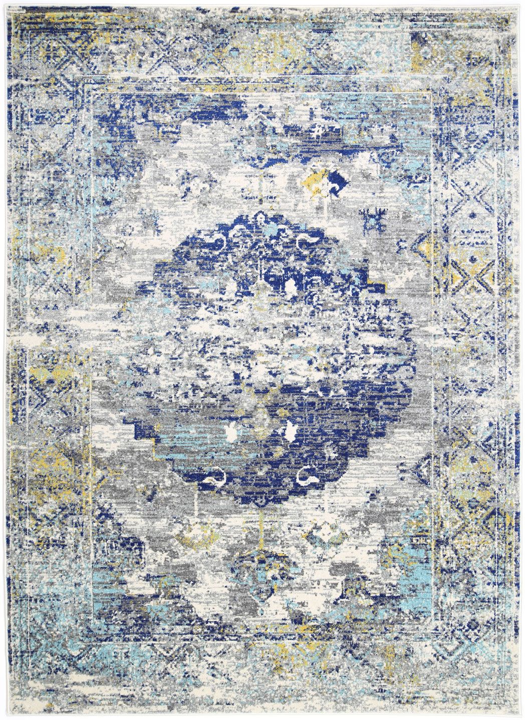 Delicate Blue Green Distressed Rug measuring 160x230 cm with a chic medallion pattern and vintage-inspired distressed design.