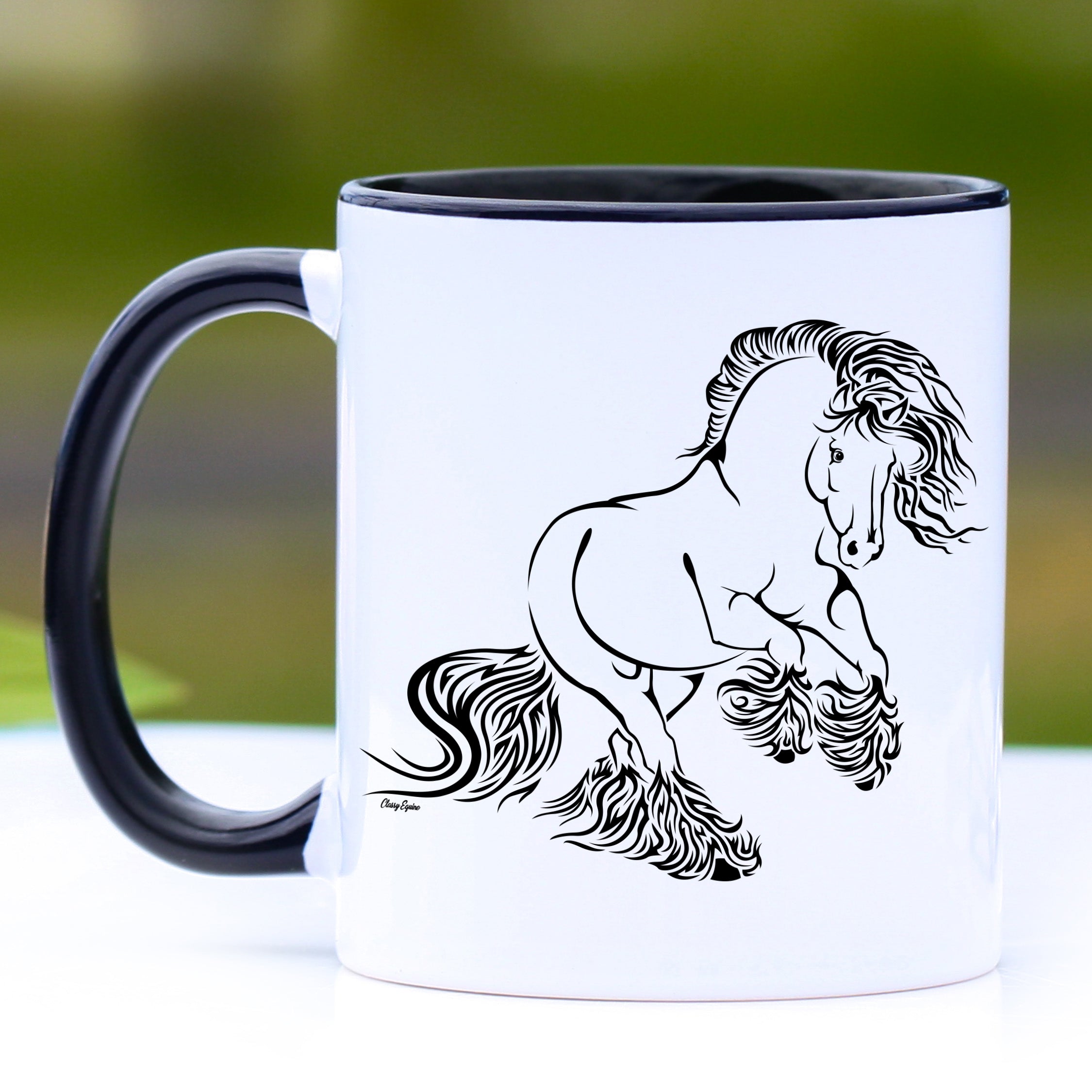 Delighted Rearing Gypsy Horse Coffee Mug with black handle and interior, featuring a stunning rearing horse design.