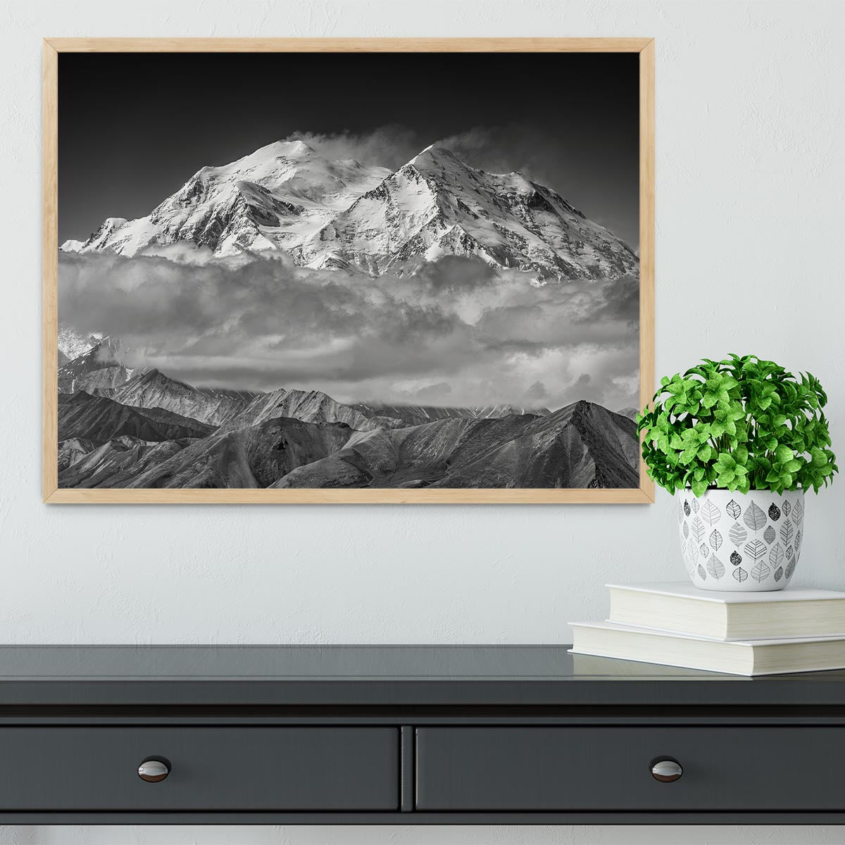 Framed print of Denali from the opposing ridge line, showcasing vibrant colors and quality craftsmanship in a stylish frame.