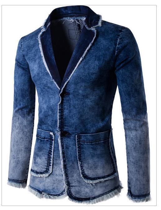 Men's denim blazer featuring a cowboy galling gradient color design with a two-button closure.