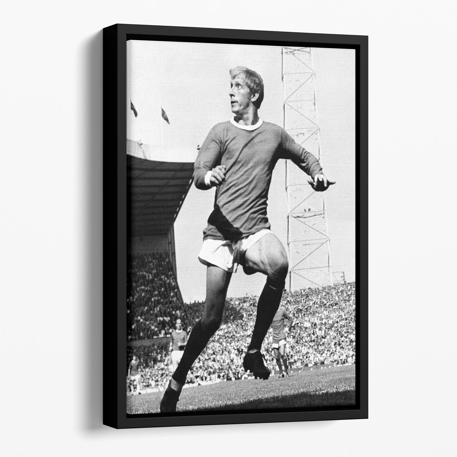 Denis Law 1969 Floating Framed Canvas featuring vibrant abstract design in an elegant wooden frame.