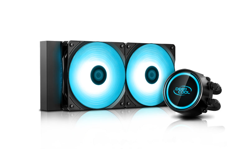 DEEPCOOL GAMMAXX L240 V2 RGB LED Liquid Cooler showcasing dual 120mm fans with vibrant RGB lighting and a sleek water-block design.