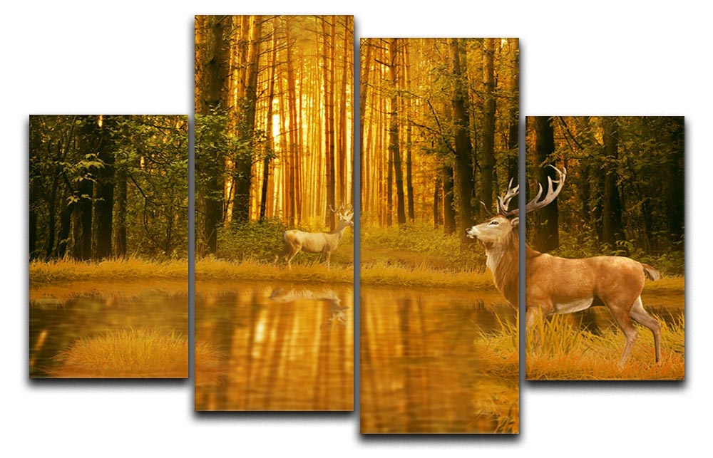 A beautiful 4-panel canvas artwork depicting deer bucks in a vibrant summer sunset, showcasing nature's beauty.
