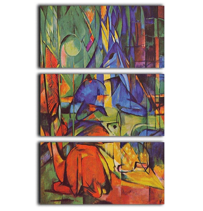 Three-panel canvas print featuring a deer in a serene forest setting, showcasing vibrant colors and intricate details.