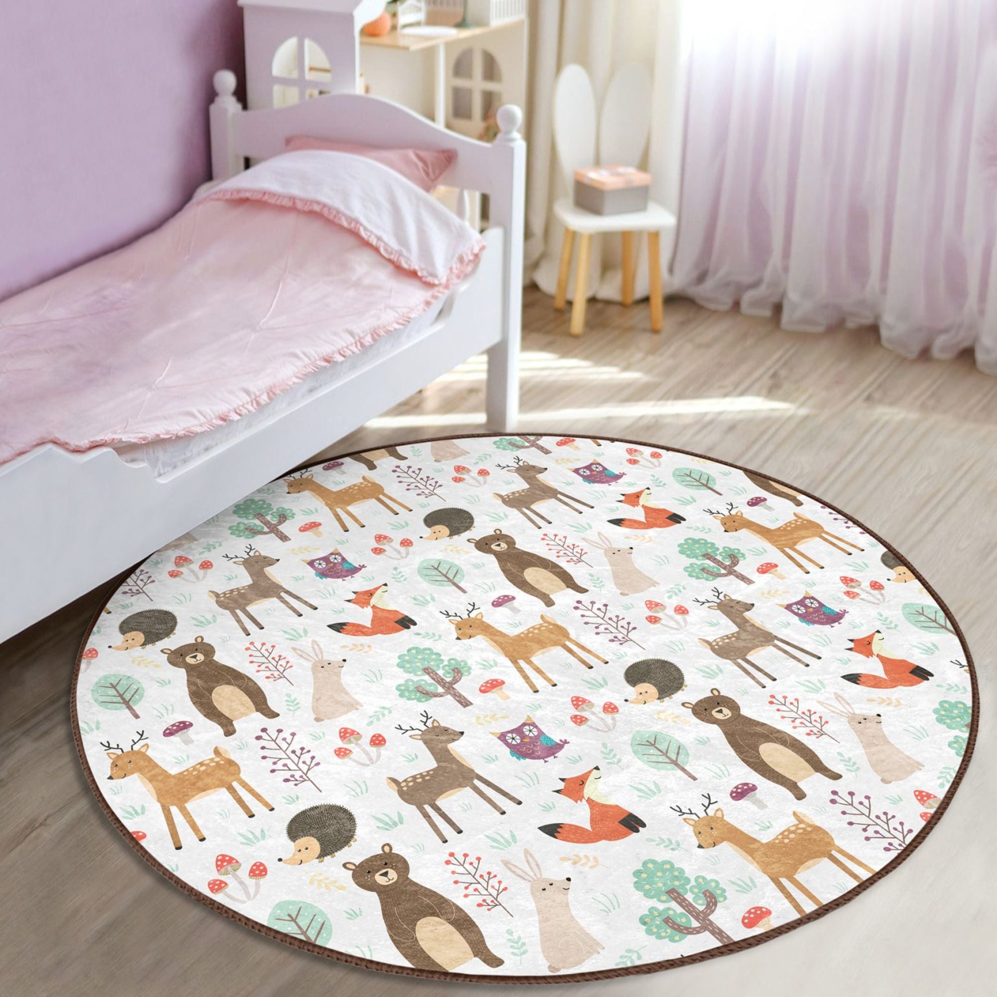 A colorful kids rug featuring a playful pattern of deers and bears, made from soft velvet fabric, perfect for children's bedrooms.