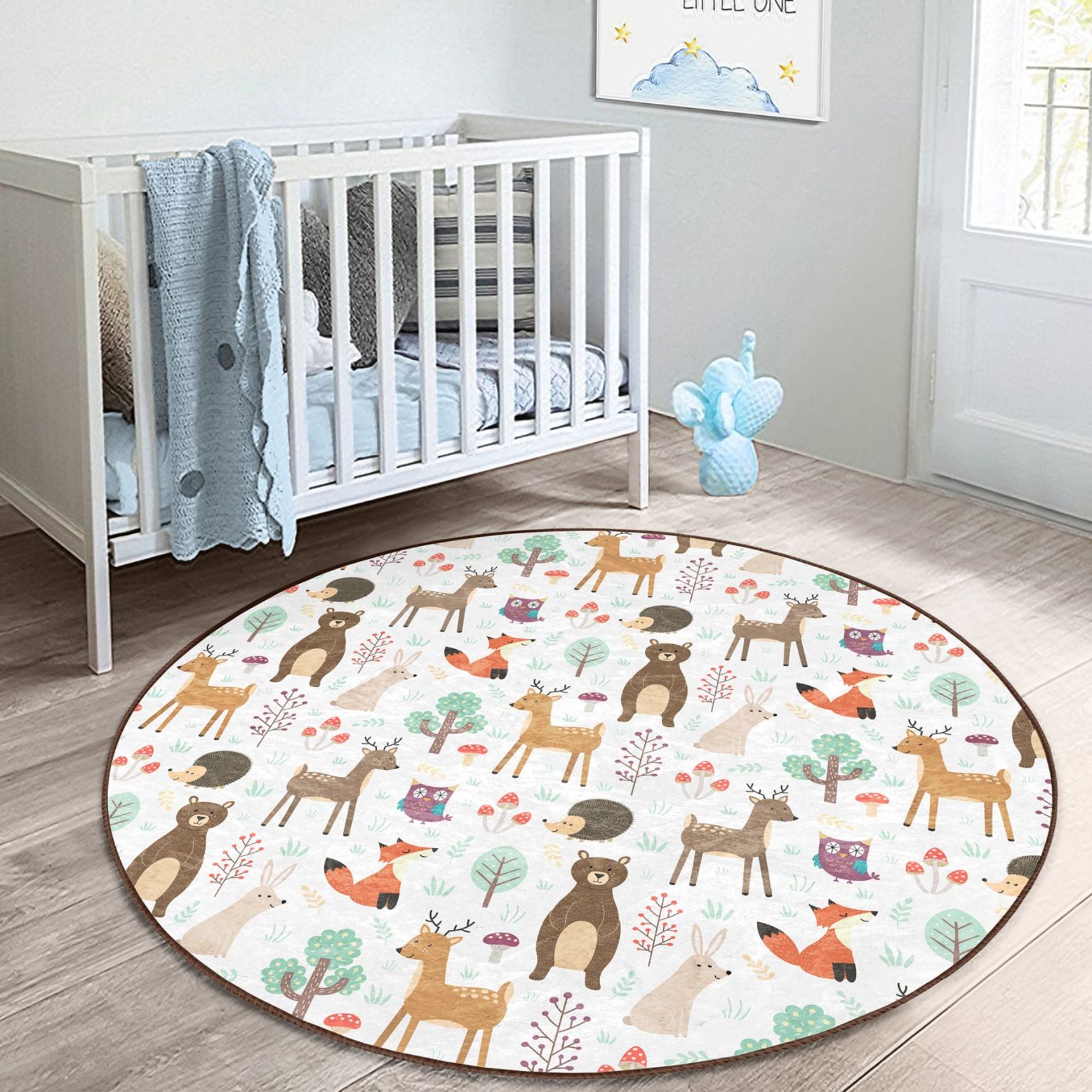 A colorful kids rug featuring a playful pattern of deers and bears, made from soft velvet fabric, perfect for children's bedrooms.