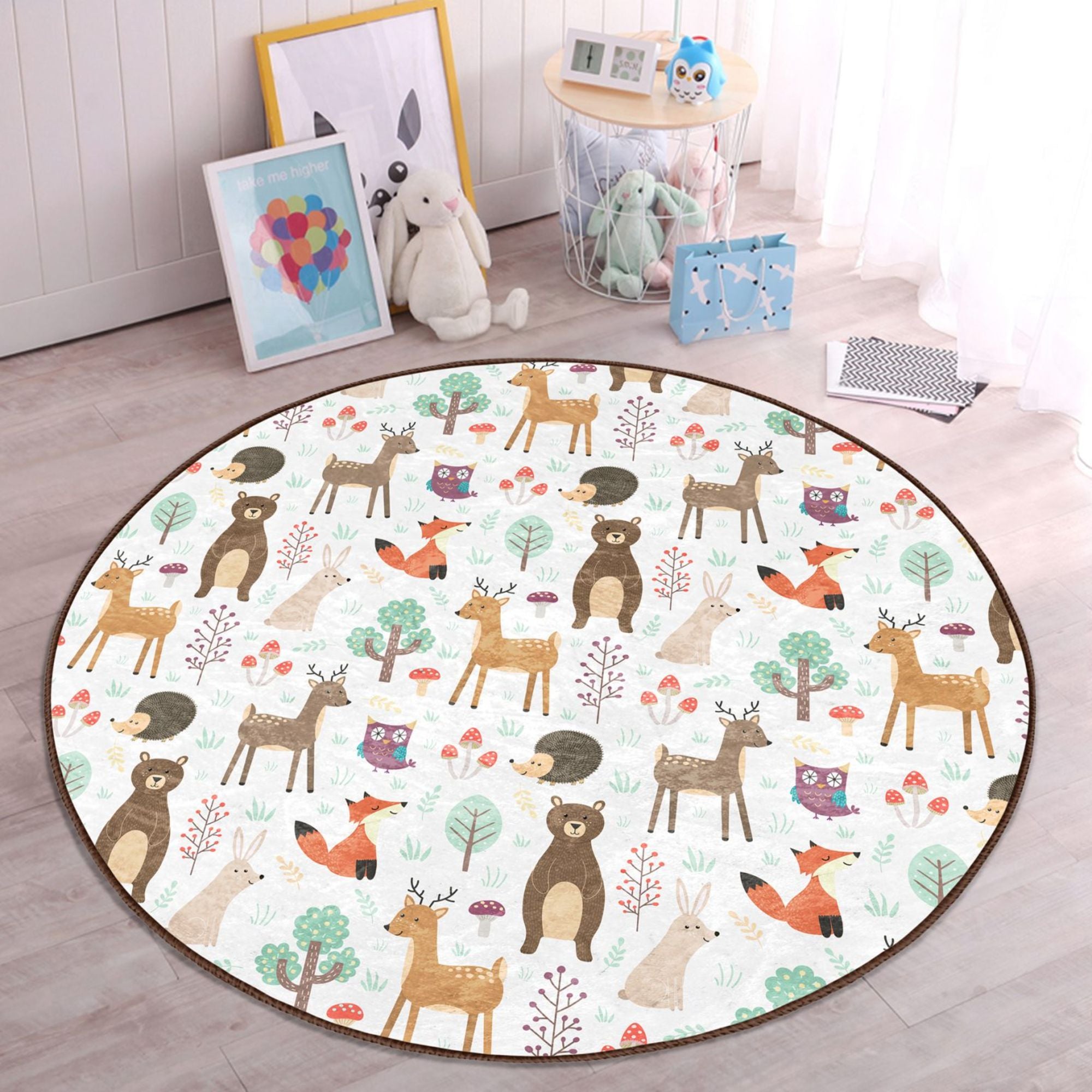A colorful kids rug featuring a playful pattern of deers and bears, made from soft velvet fabric, perfect for children's bedrooms.