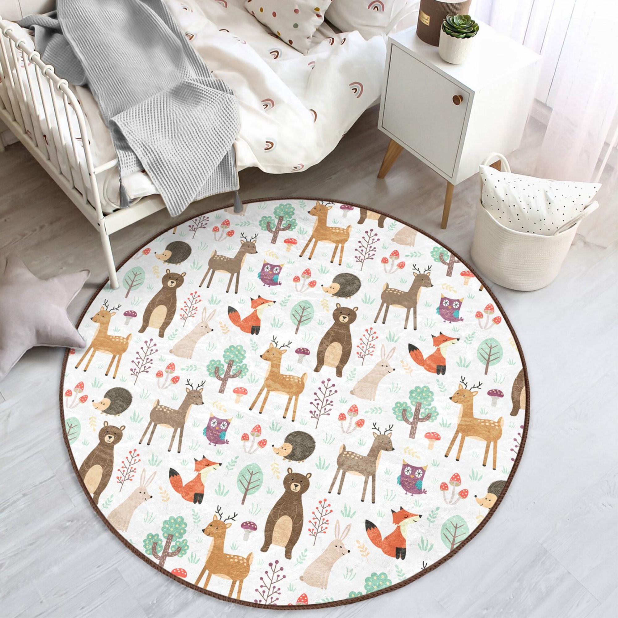 A colorful kids rug featuring a playful pattern of deers and bears, made from soft velvet fabric, perfect for children's bedrooms.