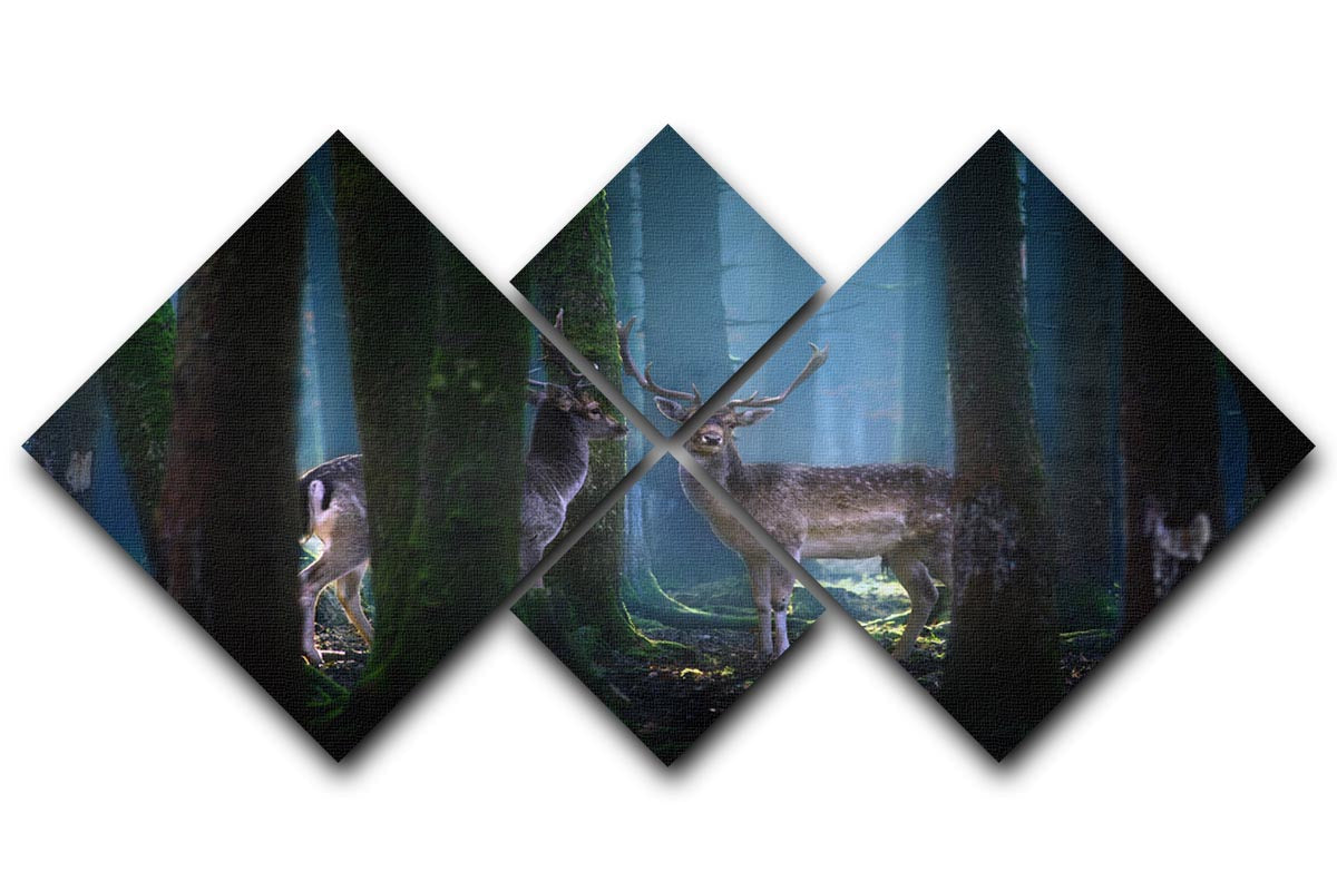 A beautiful multi-panel canvas artwork featuring deer in a serene forest setting, divided into four equal square sections.