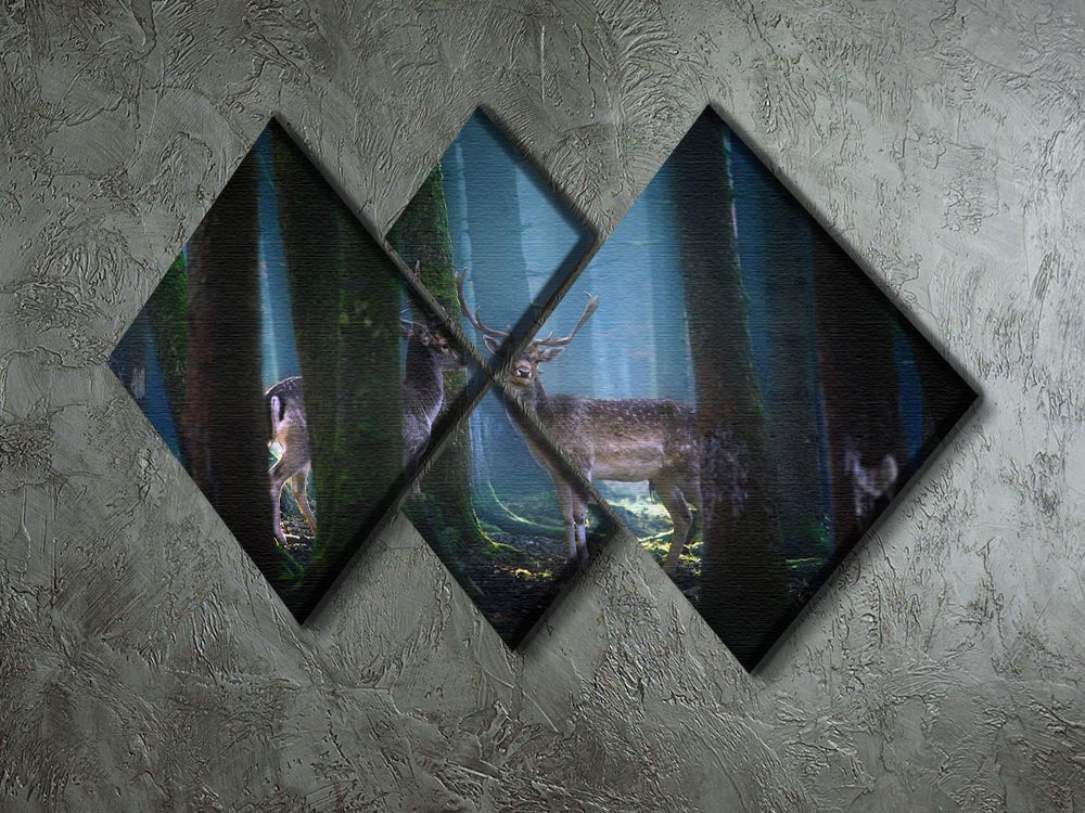 A beautiful multi-panel canvas artwork featuring deer in a serene forest setting, divided into four equal square sections.