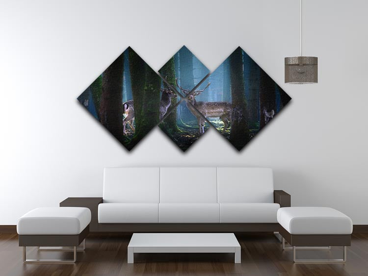 A beautiful multi-panel canvas artwork featuring deer in a serene forest setting, divided into four equal square sections.
