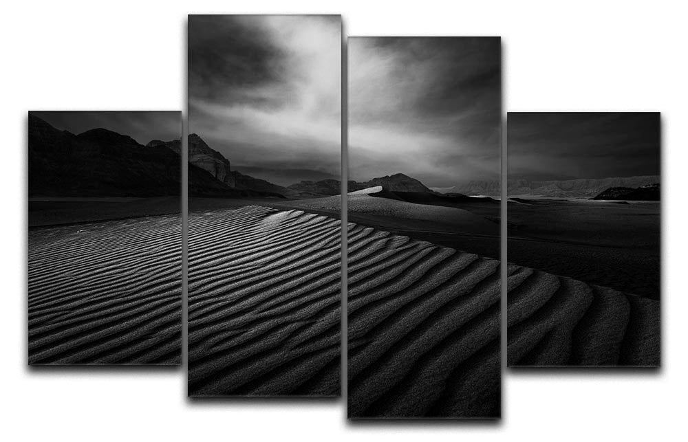 Desert In Greyscale 4 Split Panel Canvas artwork displayed in a modern setting, showcasing four panels that create a cohesive desert landscape.