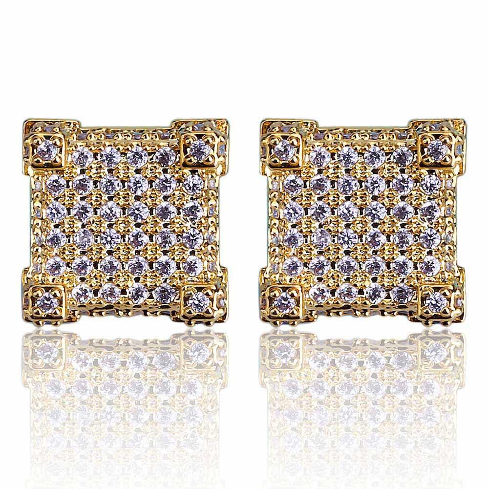 A pair of luxurious designer hip hop earrings featuring sparkling cubic zirconia stones set in a gold-plated design, perfect for stylish men.