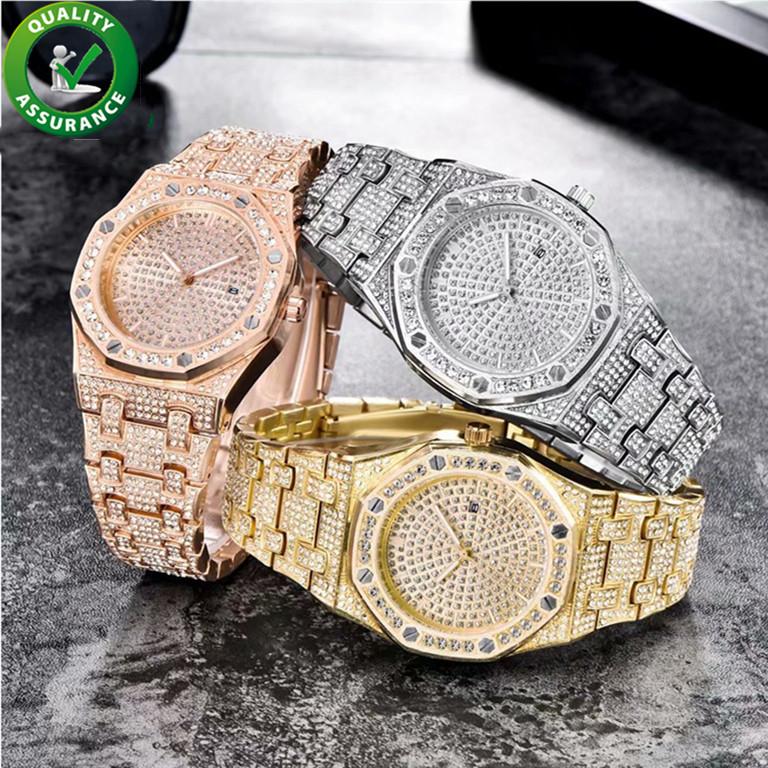 Designer luxury watch for men featuring iced out zirconia stones in rose gold, gold, and silver colors.
